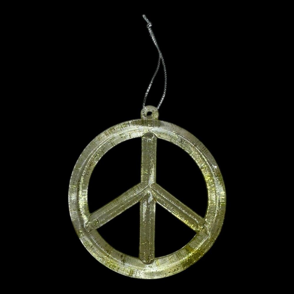 Gold Glitter Resin Peace Sign Symbol Christmas Ornament Retro Flower Power 3.5" - Picture 1 of 4